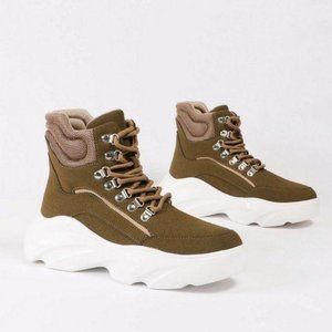 Platform Bubble Sole Lace Up Sneakers in Khaki